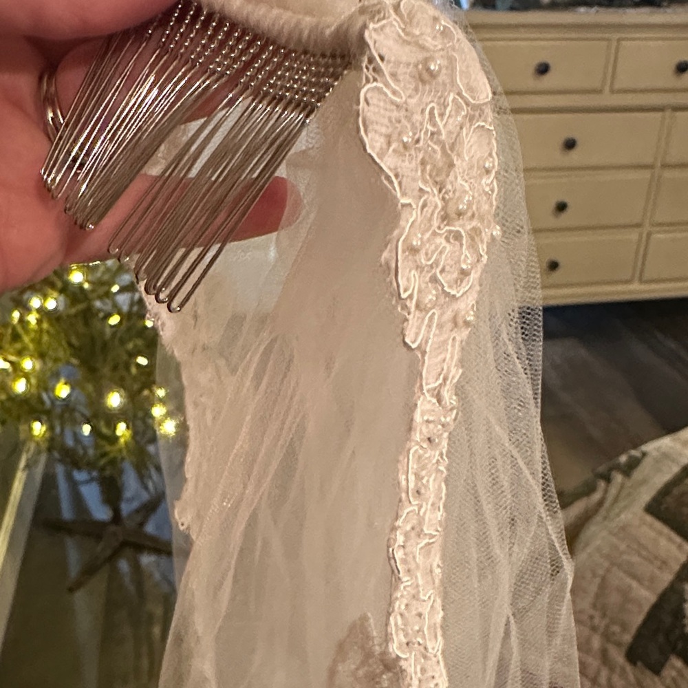 David's Bridal Elegant White Veil with Lace Trim